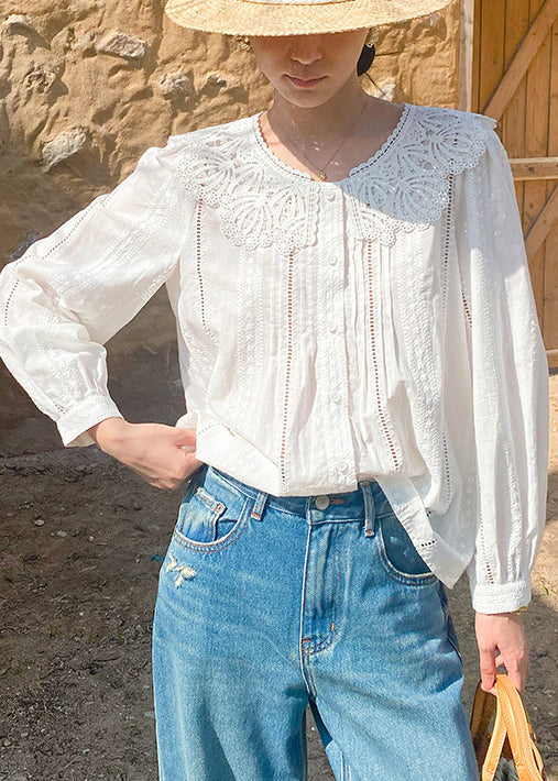 New Blouses Embroidered Spring Out Hollow Cotton Beige