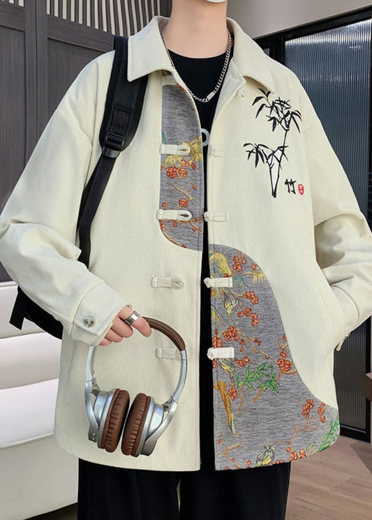 New Beige Embroideried Button Patchwork Cotton Coats Fall Ro035