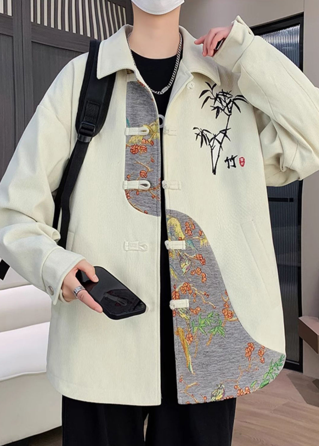 New Beige Embroideried Button Patchwork Cotton Coats Fall Ro035