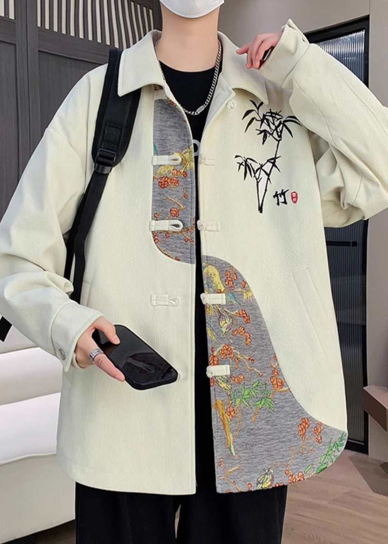 New Beige Embroideried Button Patchwork Cotton Coats Fall Ro035