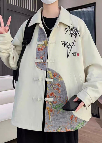 New Beige Embroideried Button Patchwork Cotton Coats Fall Ro035