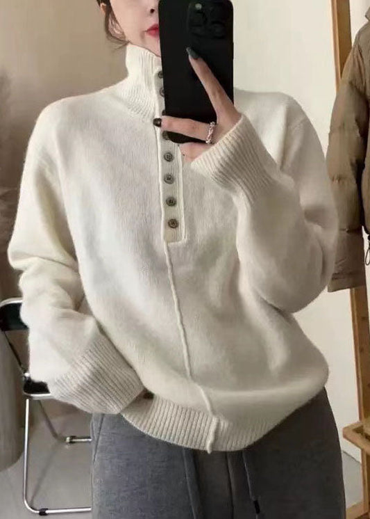 New Beige Hign Neck Thick Knitted Sweaters Tops Fall We025