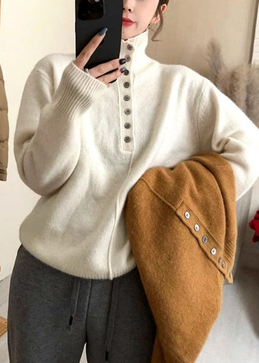 New Beige Hign Neck Thick Knitted Sweaters Tops Fall We025