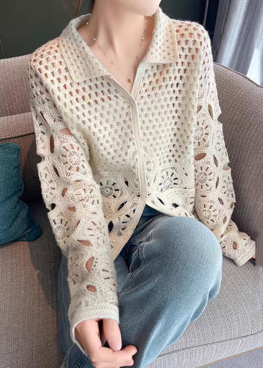 New Beige Hollow Out Button Knit Cardigan Fall Wq037