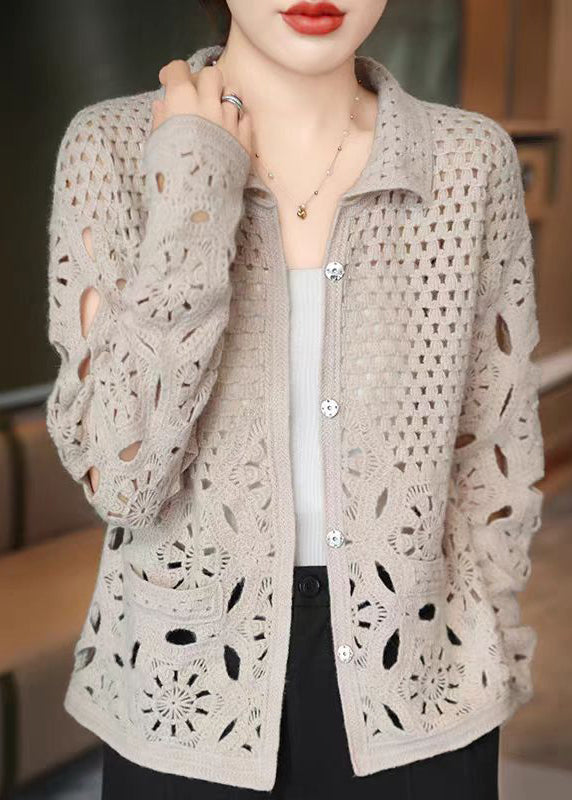 New Beige Hollow Out Button Knit Cardigan Fall Wq037