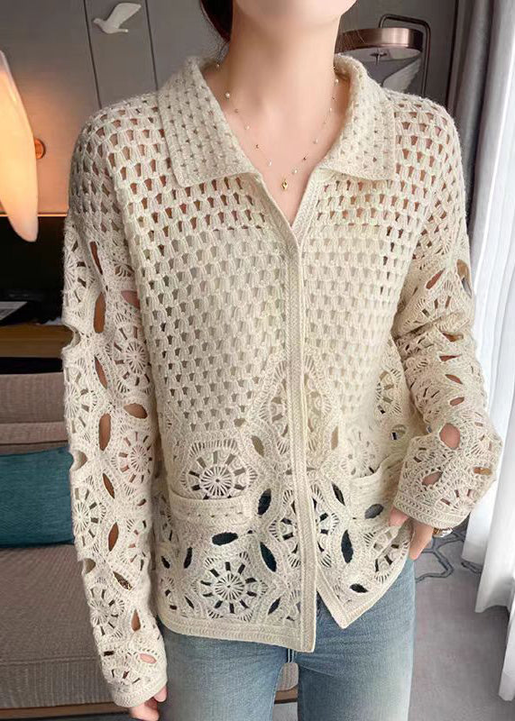 New Beige Hollow Out Button Knit Cardigan Fall Wq037