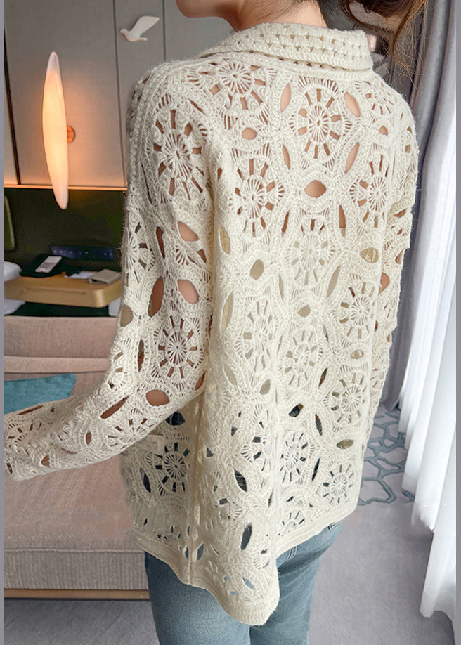 New Beige Hollow Out Button Knit Cardigan Fall Wq037