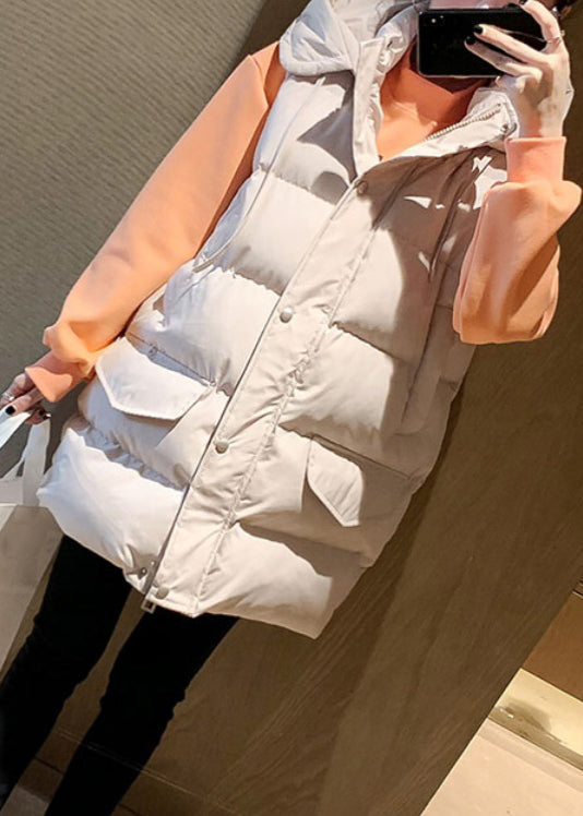 New Beige Hooded Pockets Cotton Filled Waistcoat Sleeveless Yw016