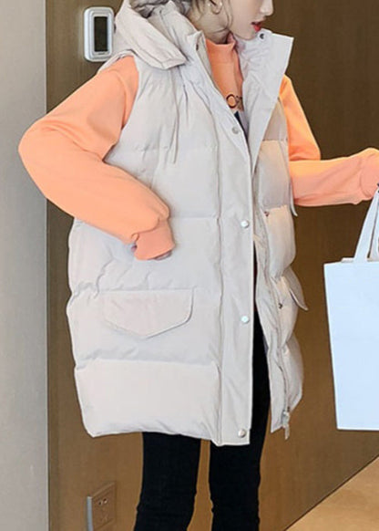 New Beige Hooded Pockets Cotton Filled Waistcoat Sleeveless Yw016