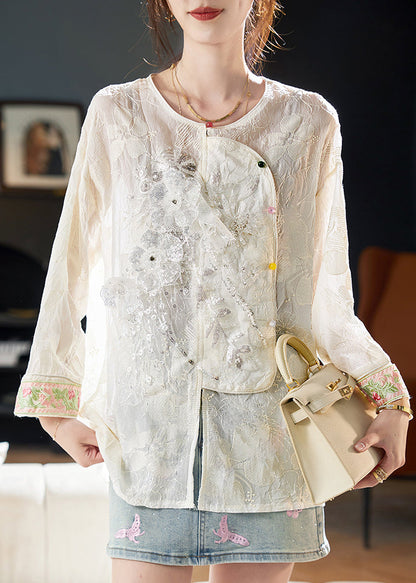 New Beige O-neck Embroidered Sequins Blouses Fall Ab1023