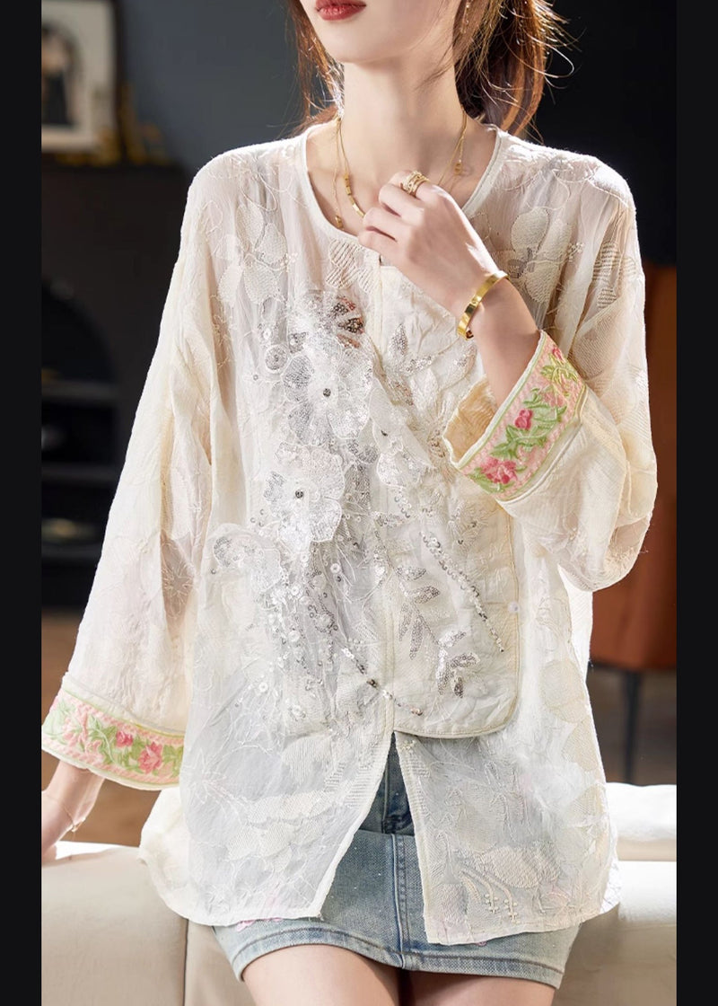 New Beige O-neck Embroidered Sequins Blouses Fall Ab1023
