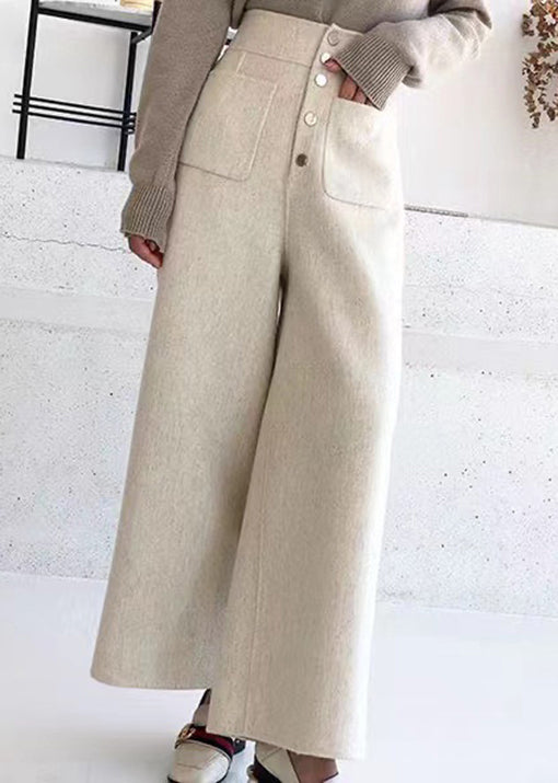 New Beige Pockets High Waist Woolen Crop Pants Winter Rf024