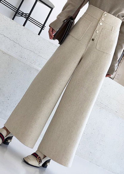 New Beige Pockets High Waist Woolen Crop Pants Winter Rf024