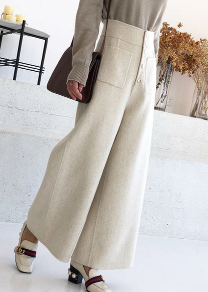 New Beige Pockets High Waist Woolen Crop Pants Winter Rf024