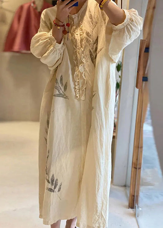 New Beige Ruffled Print Pockets Cotton Long Dress Spring Cg1010