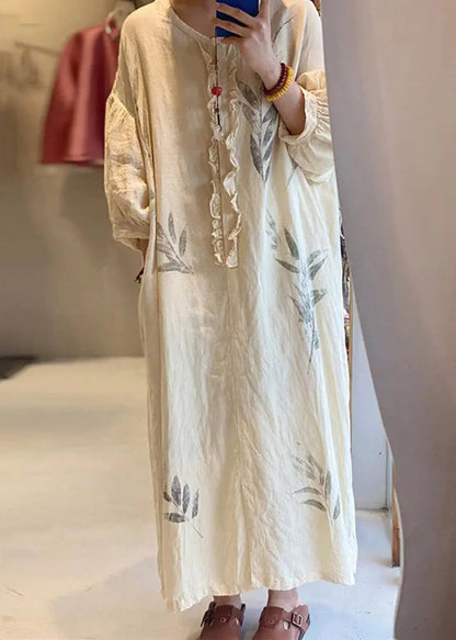 New Beige Ruffled Print Pockets Cotton Long Dress Spring Cg1010