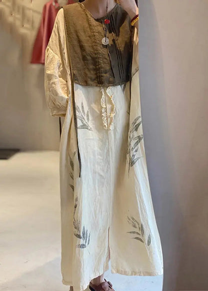 New Beige Ruffled Print Pockets Cotton Long Dress Spring Cg1010