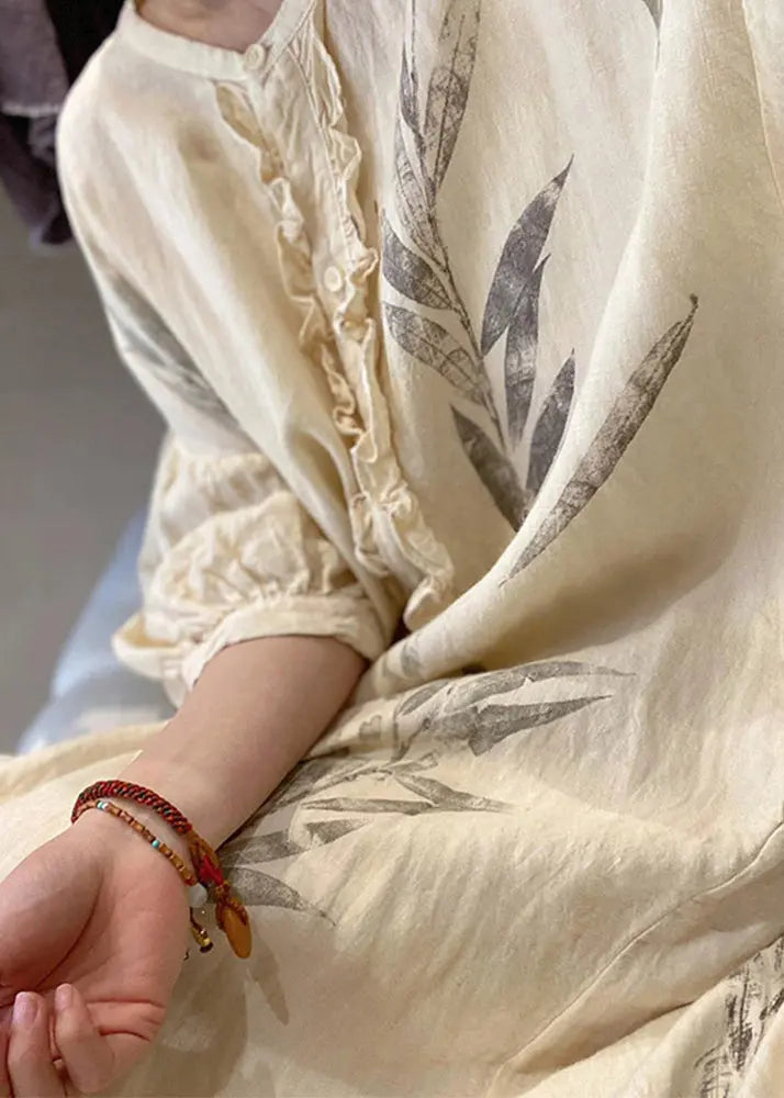 New Beige Ruffled Print Pockets Cotton Long Dress Spring Cg1010