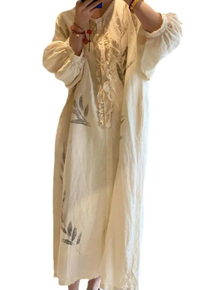 New Beige Ruffled Print Pockets Cotton Long Dress Spring Cg1010