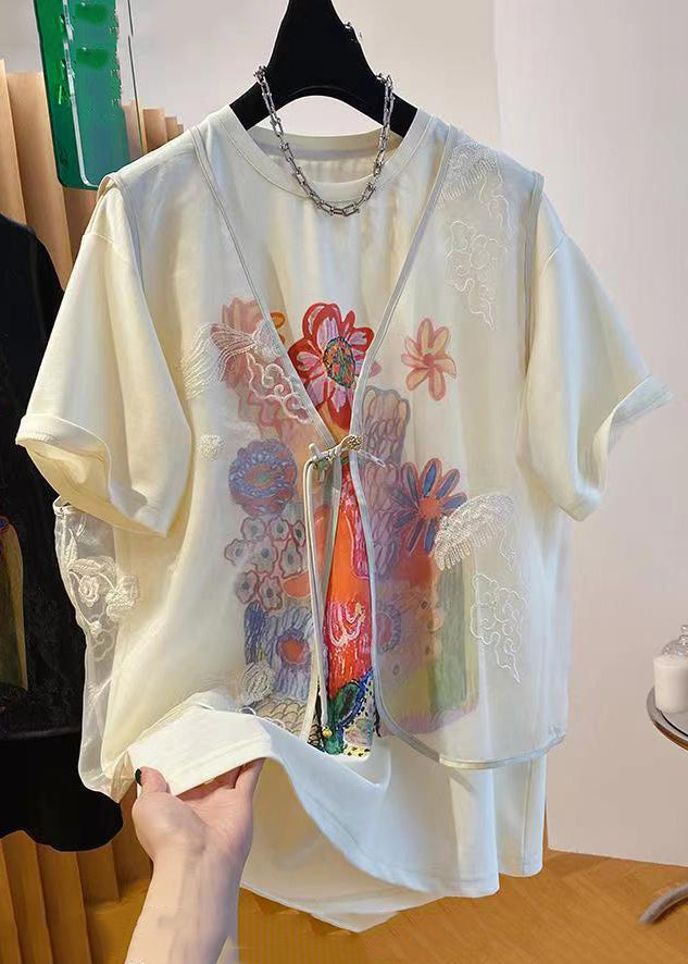New Beige Tulle Waistcoat and Print T Shirt Two Pieces Set Summer Re007
