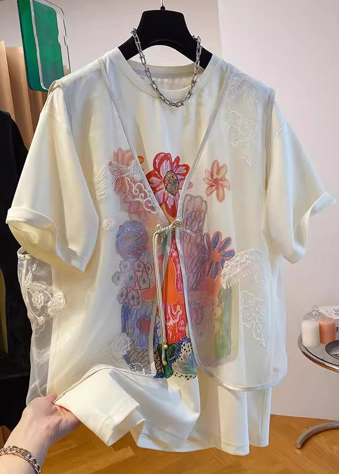 New Beige Tulle Waistcoat and Print T Shirt Two Pieces Set Summer Re007