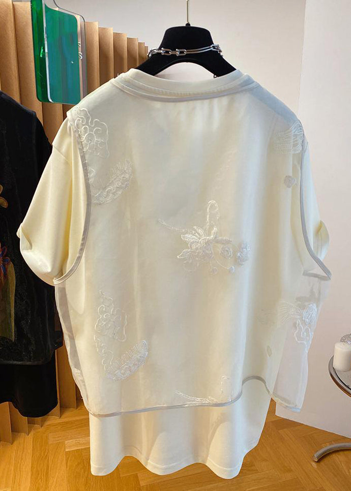 New Beige Tulle Waistcoat and Print T Shirt Two Pieces Set Summer Re007