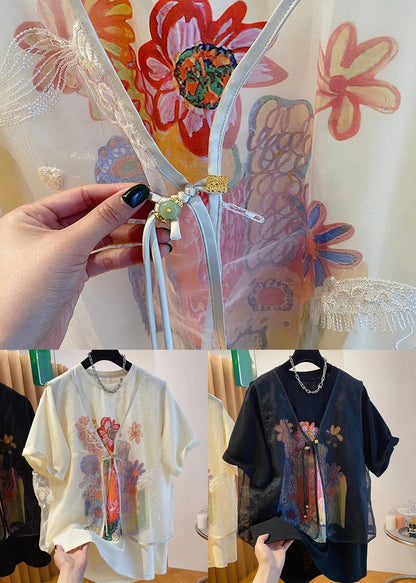 New Beige Tulle Waistcoat and Print T Shirt Two Pieces Set Summer Re007
