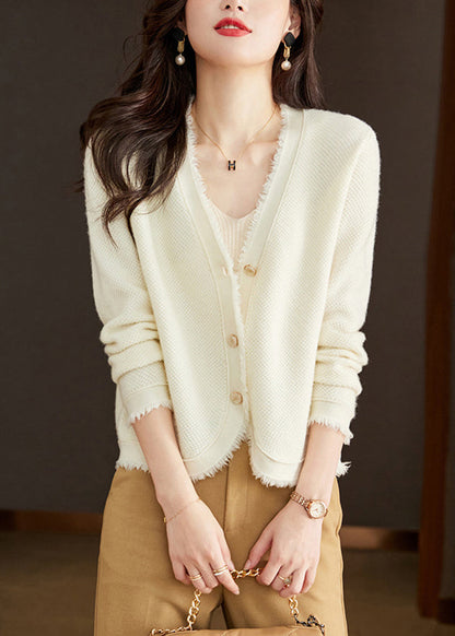 New Beige V Neck Button Wool Knit Cardigan Fall Ry020