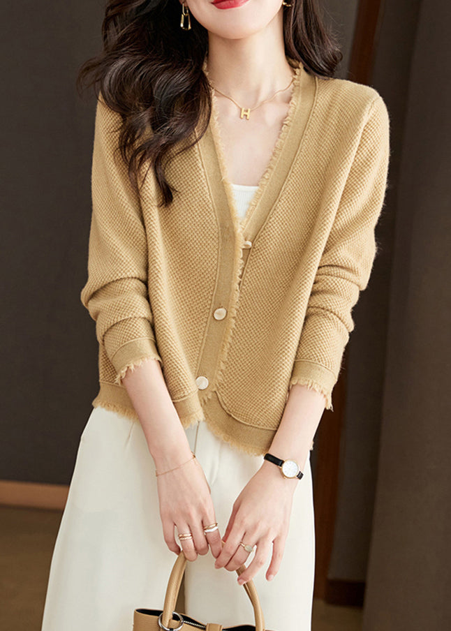 New Beige V Neck Button Wool Knit Cardigan Fall Ry020