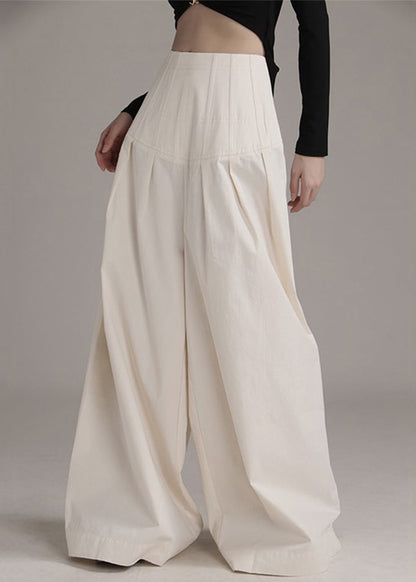 New Beige Zippered High Waist Cotton Wide Leg Pants Summer As1090