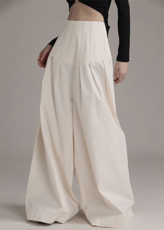 New Beige Zippered High Waist Cotton Wide Leg Pants Summer As1090