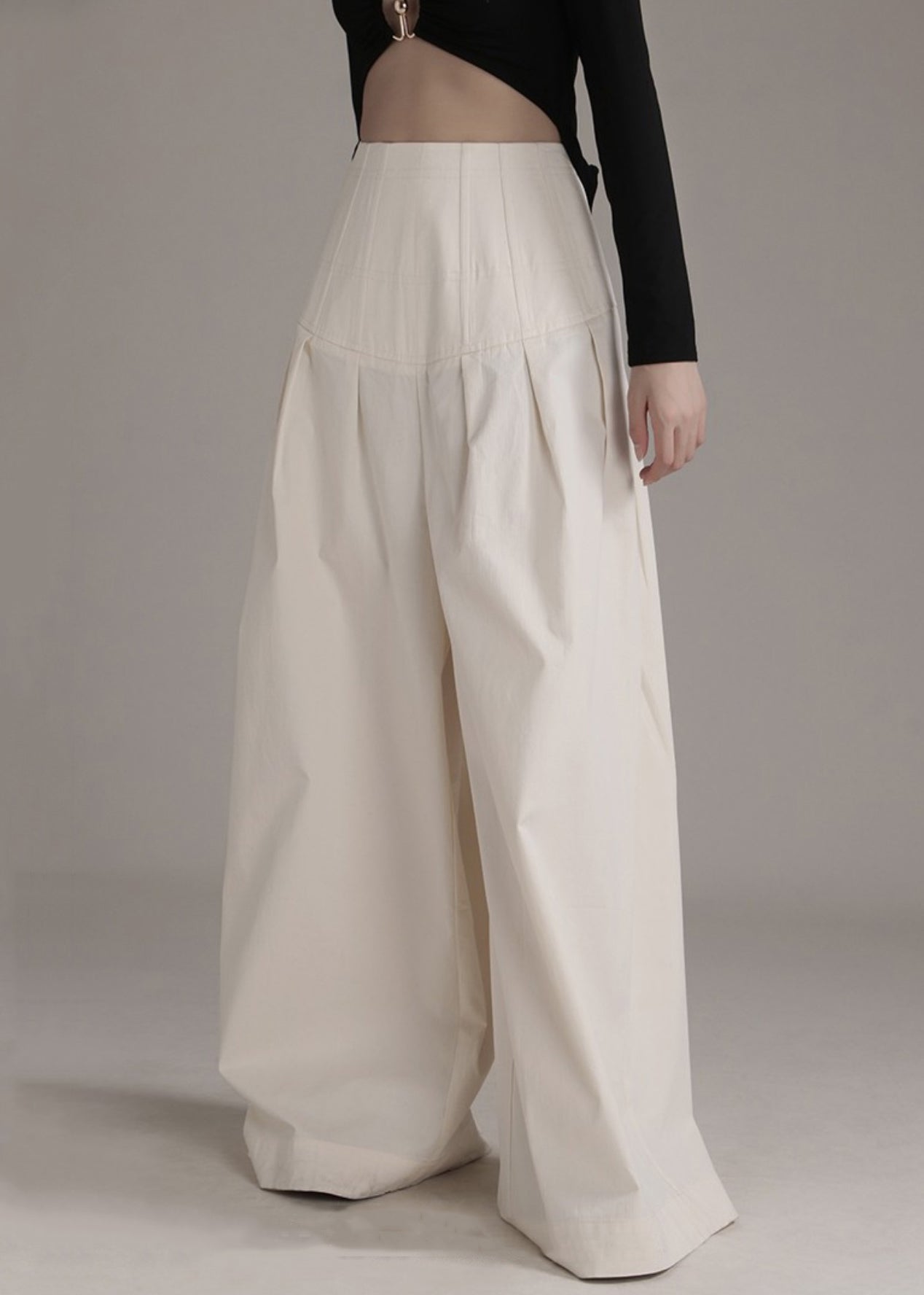 New Beige Zippered High Waist Cotton Wide Leg Pants Summer As1090