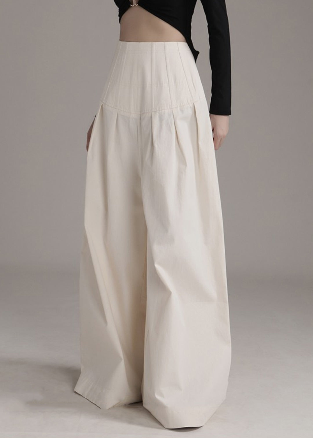 New Beige Zippered High Waist Cotton Wide Leg Pants Summer As1090