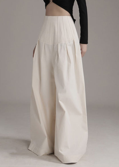 New Beige Zippered High Waist Cotton Wide Leg Pants Summer As1090