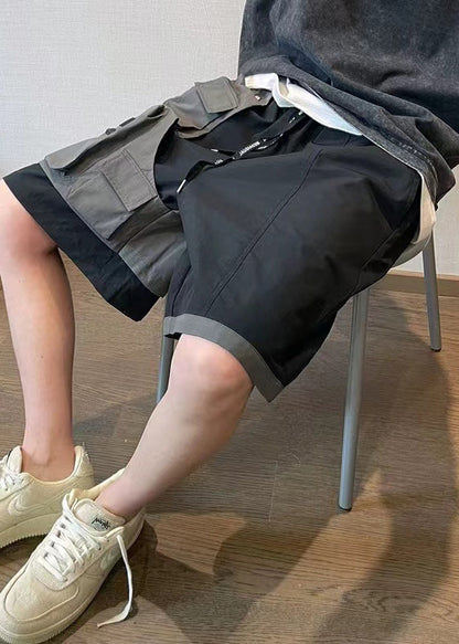 Cotton Shorts Patchwork New Asymmetrical Pockets Black