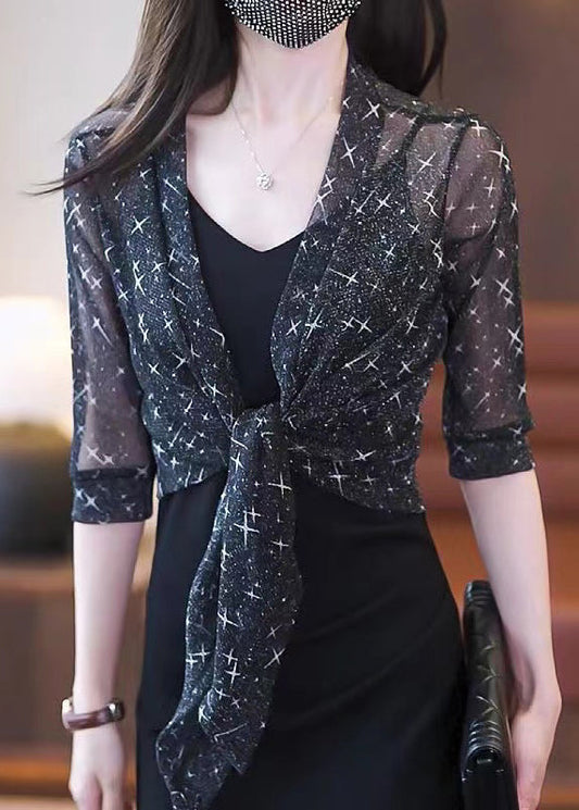 New Black Bright Silk Print Tulle Cardigan Summer As1078