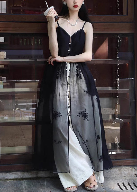 New Black Button Spaghetti Strap Dress and White Pants Silk 2 Piece Sleeveless Zl006