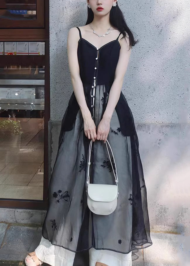 New Black Button Spaghetti Strap Dress and White Pants Silk 2 Piece Sleeveless Zl006