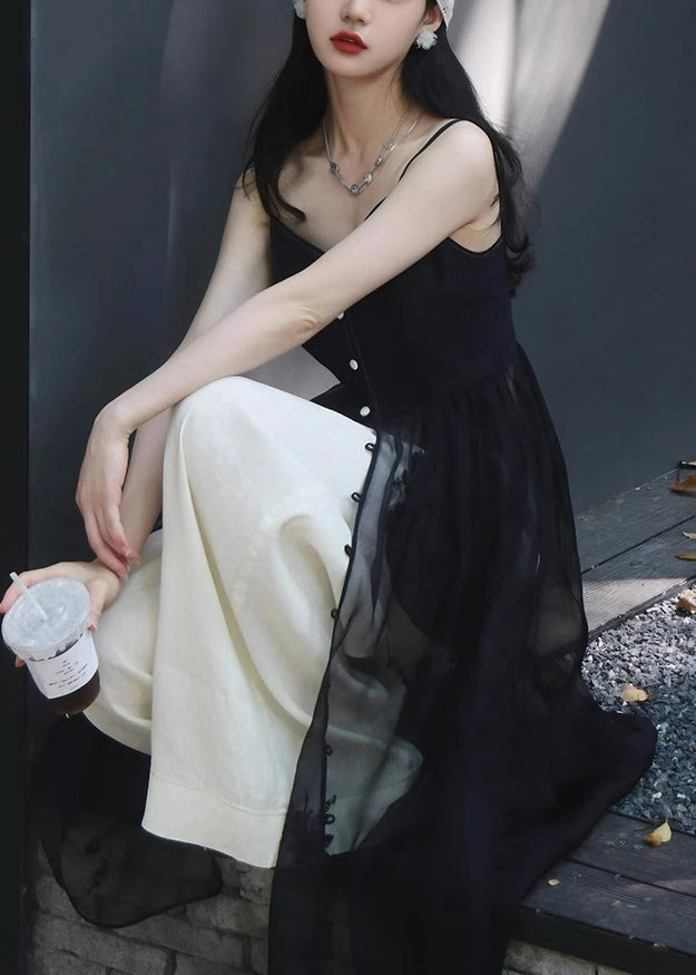 New Black Button Spaghetti Strap Dress and White Pants Silk 2 Piece Sleeveless Zl006