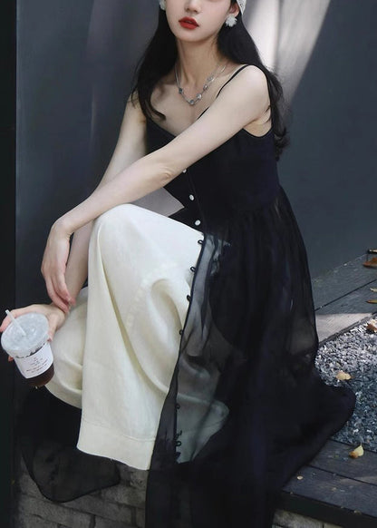 New Black Button Spaghetti Strap Dress and White Pants Silk 2 Piece Sleeveless Zl006