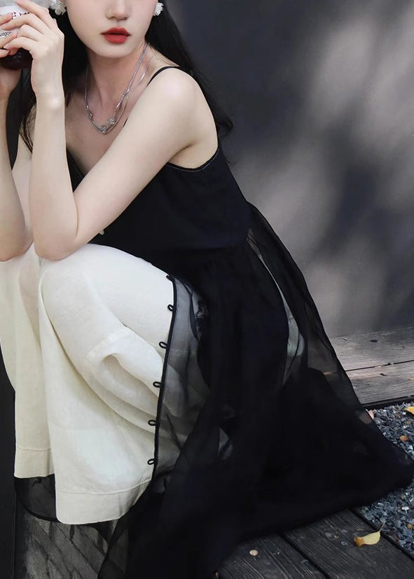 New Black Button Spaghetti Strap Dress and White Pants Silk 2 Piece Sleeveless Zl006