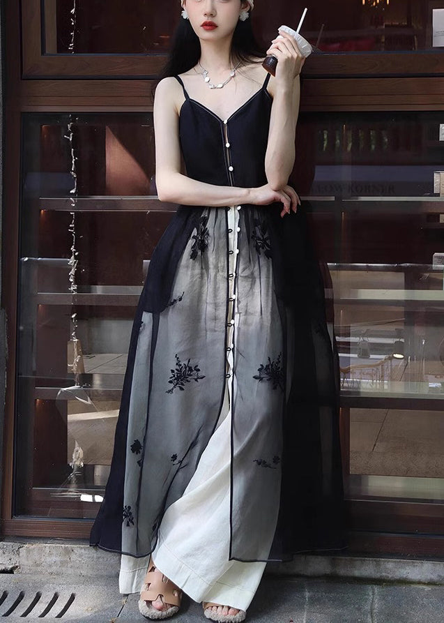 New Black Button Spaghetti Strap Dress and White Pants Silk 2 Piece Sleeveless Zl006