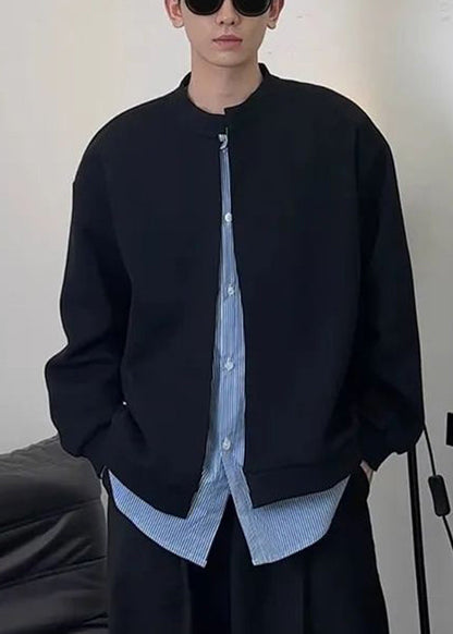 New Black Striped Patchwork Sweatshirts Spring Cotton Button