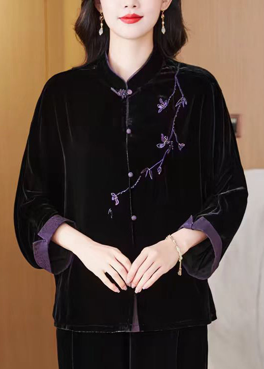 New Black Embroidered Button Silk Velvet Coat Fall Qo058