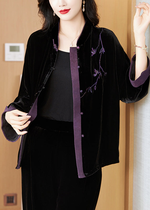 New Black Embroidered Button Silk Velvet Coat Fall Qo058