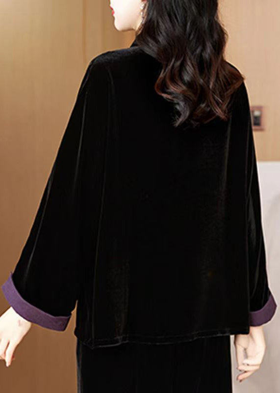 New Black Embroidered Button Silk Velvet Coat Fall Qo058