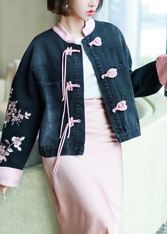 New Black Embroidered Chinese Button Denim Coat Spring Qa1031