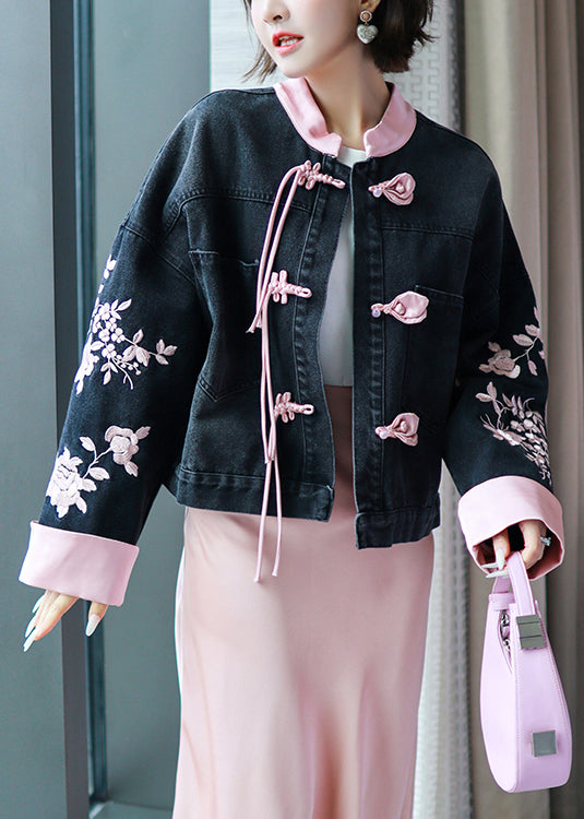 New Black Embroidered Chinese Button Denim Coat Spring Qa1031