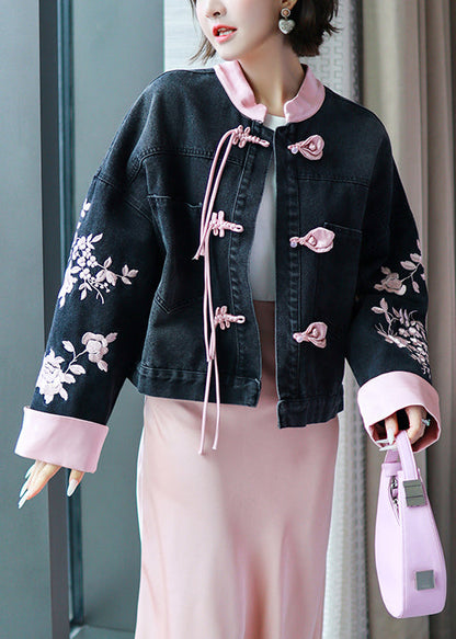 New Black Embroidered Chinese Button Denim Coat Spring Qa1031