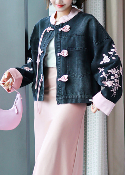 New Black Embroidered Chinese Button Denim Coat Spring Qa1031
